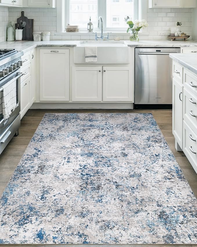 Modern Abstract Washable Area Rugs - 4x6 Contemporary Soft Mat Stain Resistant Non Slip Low Pile Indoor Throw Rug for Bedroom Kitchen Office Chair Desk - Grey/Blue