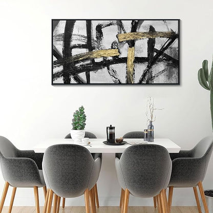 CHATYOUNG Large Framed Wall Art, Black and White Gold Graffiti Modern Abstract Paintings Hand Drawn Textures Canvas Prints Wall Pictures for Bedroom Living Room Office Decor 24 x 48 In