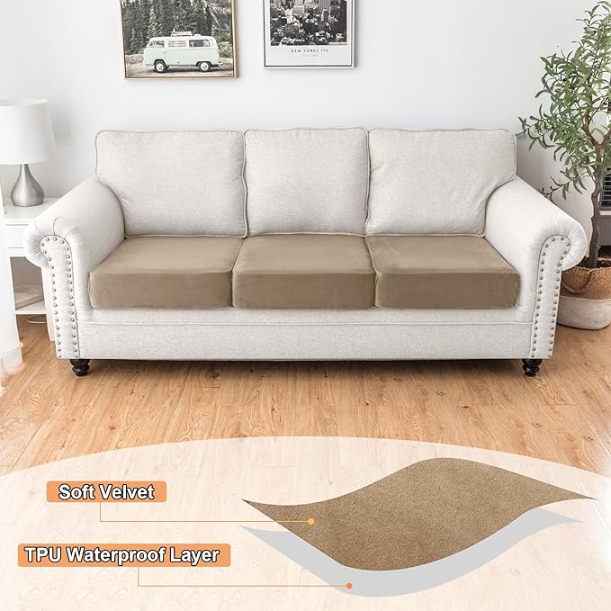 NAISI Waterproof Couch Cushion Covers Thick Velvet Fabric Washable Sofa Slipcovers 3 Pieces Individual Sectional Couch Covers with Elastic Bottom(3 Pcs for 3-Seat or Backrest,Sand)