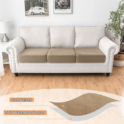 NAISI Waterproof Couch Cushion Covers Thick Velvet Fabric Washable Sofa Slipcovers 3 Pieces Individual Sectional Couch Covers with Elastic Bottom(3 Pcs for 3-Seat or Backrest,Sand)