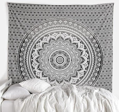 raajsee Grey Black Tapestry Mandala Wall Hangings, Indian cotton Beach Throw Blanket, Hippie Tapestries Boho Decor Bohemian Bedding,Twin Bedspread 52x82 inches Yoga Meditation Mat Rugs