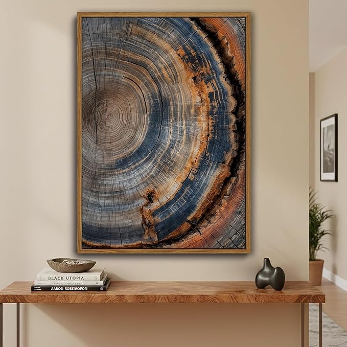 IBHJSART Framed Tree Ring Canvas Wall Art Vintage Colorful Wood Stump Painting Prints Modern Minimalist Pictures Neutral Nature Rustic Farmhouse Decor Living Room Bedroom Bathroom Office
