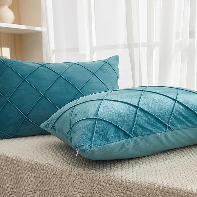 JAUXIO Diamond Pinch Pleated Crystal Velvet Pillowcases 2 Pack Solid Pintuck Throw Cushion Cover for Home Decor Hidden Zipper Closure (Teal Blue, Standard)