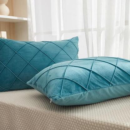 JAUXIO Diamond Pinch Pleated Crystal Velvet Pillowcases 2 Pack Solid Pintuck Throw Cushion Cover for Home Decor Hidden Zipper Closure (Teal Blue, King)