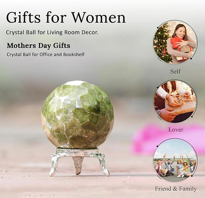 Crocon 50mm Vesuvianite diamond cut Stone sphere Ball with Metal Stand 1400+ Carats Gemstone Ball Healing ornament rock Sphere Sculpture Figurine for Fengshui Divination Crystal Home Decor Photography