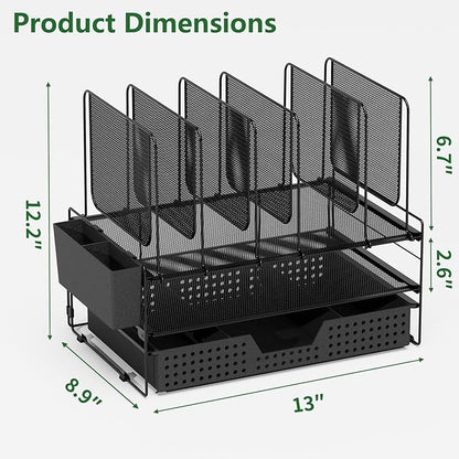 Desk Organizer, Office Organization with Vertical File Holder, File Organizer with Drawer and Pen Holder, Desk Accessories and Workspace Organizers for Home Office (Black)