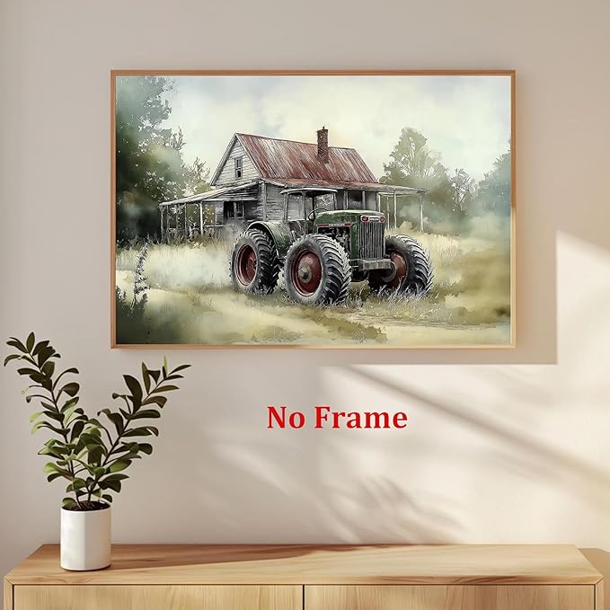 Vintage Tractor Pictures Farmhouse Truck Wall Art Rustic Farmhouse Painting Old Barn Posters Vintage Country Paintings Modern Farm Prints Green Tractor Pictures for Living Room 16x24in No Frame