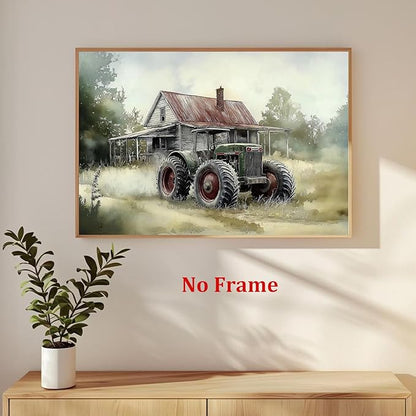 Vintage Tractor Pictures Farmhouse Truck Wall Art Rustic Farmhouse Painting Old Barn Posters Vintage Country Paintings Modern Farm Prints Green Tractor Pictures for Living Room 16x24in No Frame