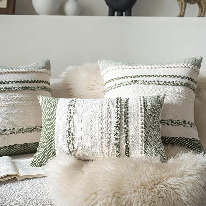 Boho Throw Pillow Covers 12x20 Inch Set of 2, Green Textured Decorative Couch Pillow Cases for Farmhouse Home Decor, Accent Cushion Cover for Sofa, Bed, Living Room, Bedroom