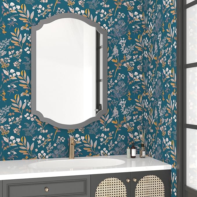 Vintage Wallpaper Peel and Stick Dark Blue Floral Wallpaper 17.5'' x 118'' Gold Leaf Contact Paper Vinyl Waterproof Self Adhesive Boho Botanical Wall Paper for Bedroom Cabinet Décor