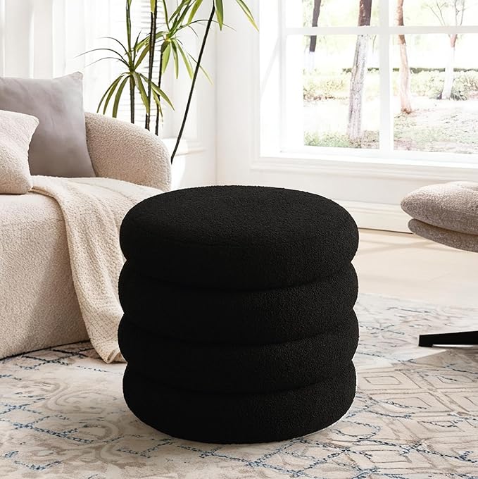 Flouki 20.1" Storage Ottoman Round, Vanity Stools for Bedroom, Sherpa Pouf Ottoman with Removable Lid, Modern Ottoman Stool for Girls Women, Foot Stool for Living Room, Black