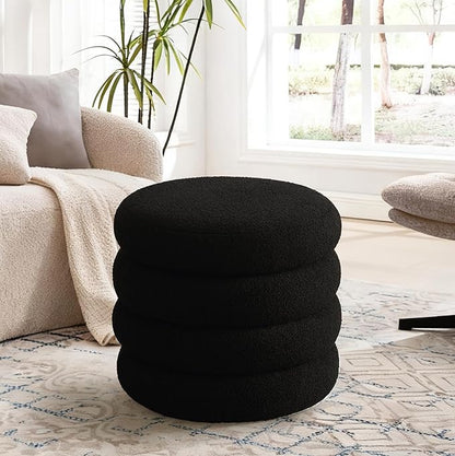 Flouki 20.1" Storage Ottoman Round, Vanity Stools for Bedroom, Sherpa Pouf Ottoman with Removable Lid, Modern Ottoman Stool for Girls Women, Foot Stool for Living Room, Black