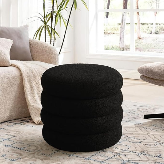 Flouki 20.1" Storage Ottoman Round, Vanity Stools for Bedroom, Sherpa Pouf Ottoman with Removable Lid, Modern Ottoman Stool for Girls Women, Foot Stool for Living Room, Black