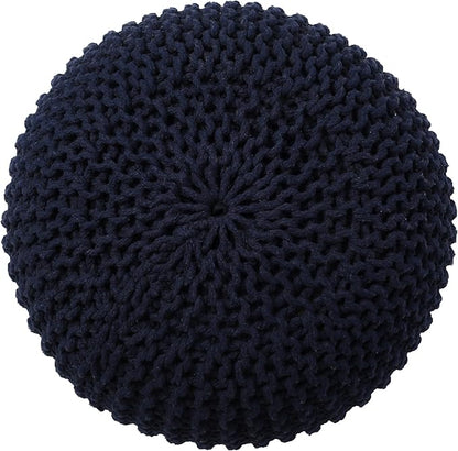 REDEARTH · Round Pouf Foot Stool Bean Bag Ottoman - Cable Knitted Cord Boho Pouffe - Poof Accent Bean Bag - Handmade by Artisans for Living Room - Bedroom (19.5"x19.5"x14") - Navy Blue