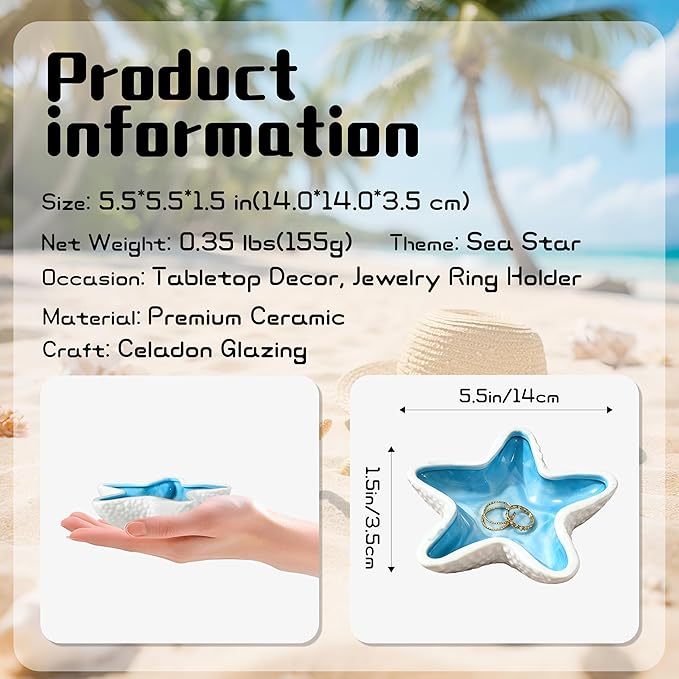Starfish Ceramic Jewelry Trinket Tray, Blue White Decorative Ring Holder Dish for Rings, Earrings, Necklaces, Bracelets, Watches, Keys