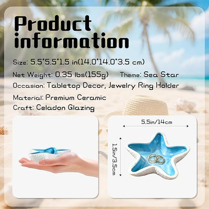 Starfish Ceramic Jewelry Trinket Tray, Blue White Decorative Ring Holder Dish for Rings, Earrings, Necklaces, Bracelets, Watches, Keys