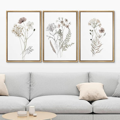 MUDECOR Framed Canvas Print Wall Art Watercolor Wildflower Art Print, Floral Botanical Prints, Minimalist Art, Modern Farmhouse for Bedroom - 16"x24"x3 Natural