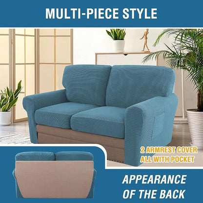 H.VERSAILTEX Multi-Pieces Sofa Covers Stretch Couch Covers Form Fitted Seats and Back Cushions Covers (2 Seat Covers Plus 2 Back Cusion Covers, Bonus 2 Armrest Covers), Storm Blue