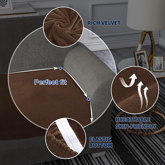 MAXIJIN Velvet Stretch Cushion Covers Fitted Couch Cushion Slipcovers Sofa Seat Cushion Covers for Individual Cushions with Elastic Bottom (3 Piece Sofa Seat Slipcovers, Dark Coffee)