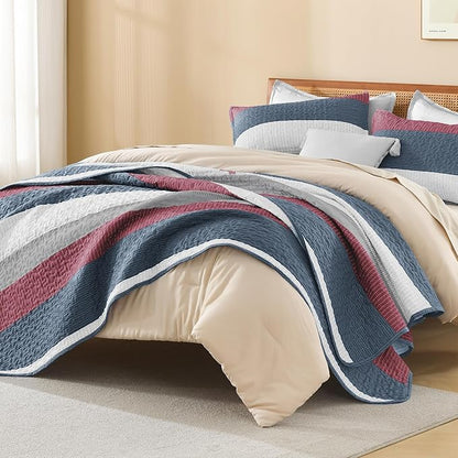 Litanika California King Quilt Set Blue and Red - Cal King Oversized Stripe Comforter Bedspreads & Coverlets - Soft Lightweight Quilted Bedding Set for All Season(1 Quilt, 2 Pillowcases)