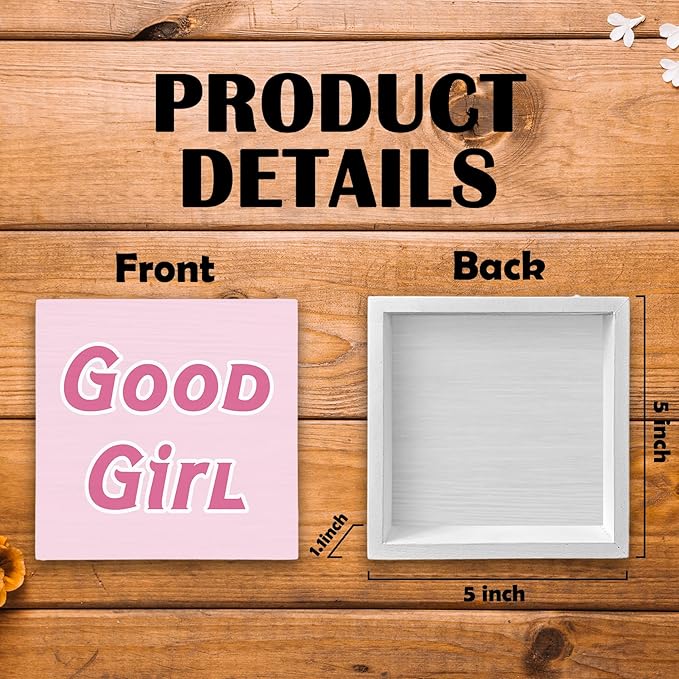 Trendy Coquette Wood Box Sign Desk Decor, Girly Pink Preppy Decor, Good Girl Wooden Block Sign Decorations for Home College Apartment Teen Girl Room Bedroom Living Wall Tabletop Shelf Decor