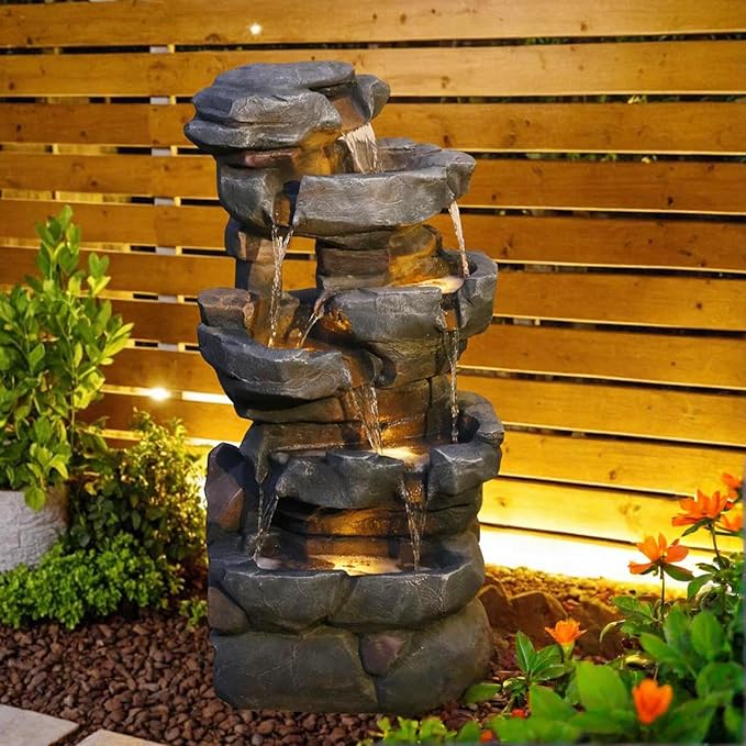 50.6" H Outdoor Water Fountain with 3 Tiers Large Cascading Realistic Tree Trunk Waterfall Fountains with LED Lights Outdoor Water Fountain for Garden Patio Backyard Porch Home Decor