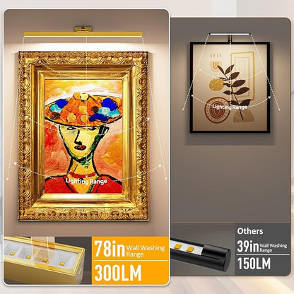Picture Lights for Wall, 2PCS 24in Battery Operated Picture Light for Paintings CCT Dimmable Recharging Battery Wall Lamp with Remote Control for Living Room Gallery Dartboard Gold Color