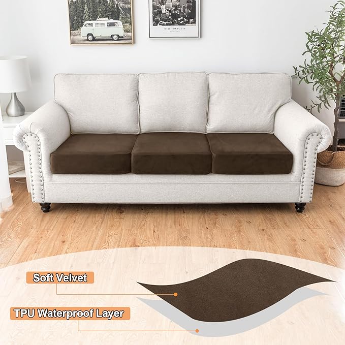 NAISI Waterproof Couch Cushion Covers Thick Velvet Fabric Washable Sofa Slipcovers 3 Pieces Individual Sectional Couch Covers with Elastic Bottom(3 Pcs for 3-Seat or Backrest,Caramel)