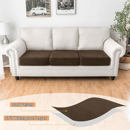 NAISI Waterproof Couch Cushion Covers Thick Velvet Fabric Washable Sofa Slipcovers 3 Pieces Individual Sectional Couch Covers with Elastic Bottom(3 Pcs for 3-Seat or Backrest,Caramel)
