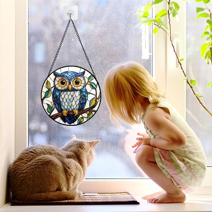 DASTOLL Stained Glass Window Hanging, Owl Gifts for Women Sun Catchers Diamond Glass Panel Hangings Birds Suncatcher Decor for Birthday for Women, Men, Wife, Aunt, and Mom 6.3 in