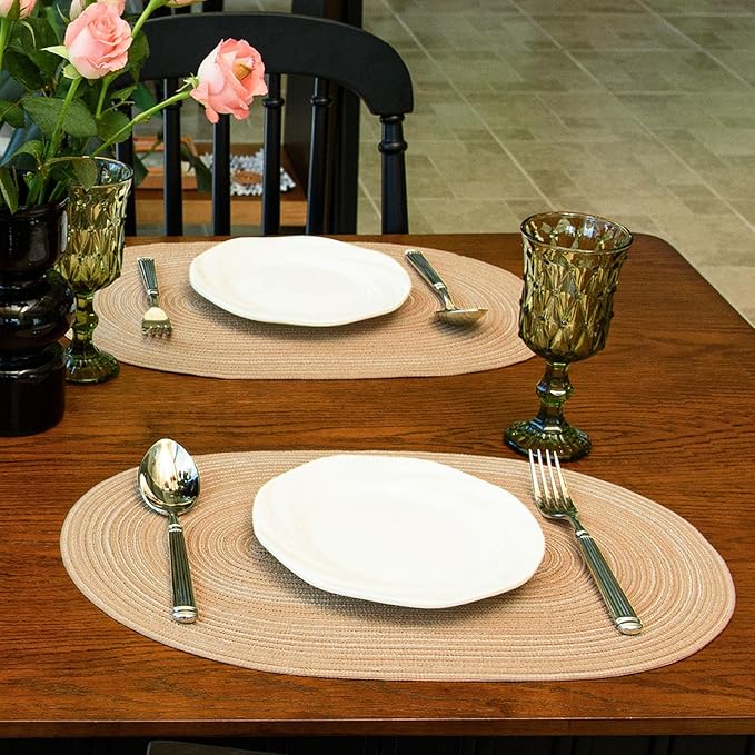 Noctiflorous Oval Braided Placemats Set of 8 Woven 12x18 Inch Non Slip Washable Heat Resistant Place Mats Round Tablemats for Dining Kitchen Party Daily Table Decor Dinner Mats (Beige Brown, 8)