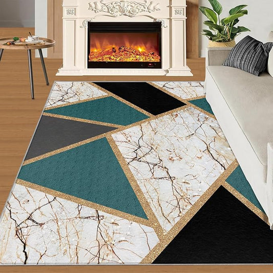 Emerald Green Marble Rug Modern Geometric Marble Area Rugs Light Luxury Geometric Striped Carpet Vintage Stone Crack Rug for Bedroom Living Room 8x10ft
