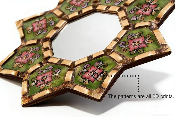 Peruvian starburst mirror Decorative Wall Mirror 11.8 Inch 2D Pattern Mirrors Small Decorative Mirrors for Living Room, Boho & Moroccan Style Mirror Wall Art with Wood Frame, Vintage Home Decor
