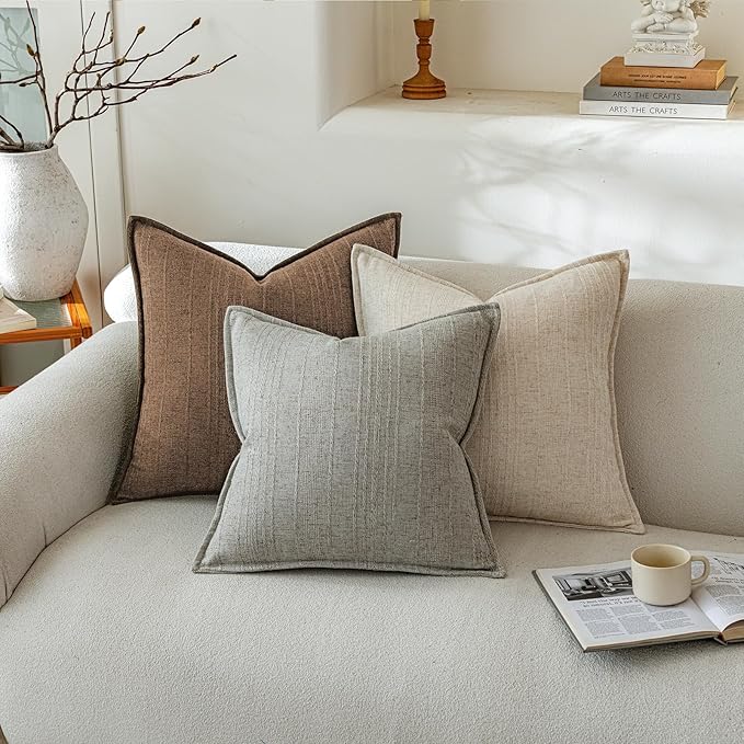 a moment Linen Pillow Covers Set of 2,Boho Farmhouse Throw Pillowcases Neutral Textured Decorative Covers for Couch Sofa,Soft Linen Blend Accent Case Cushion Living Room Home Decor 22"x22"Hazel