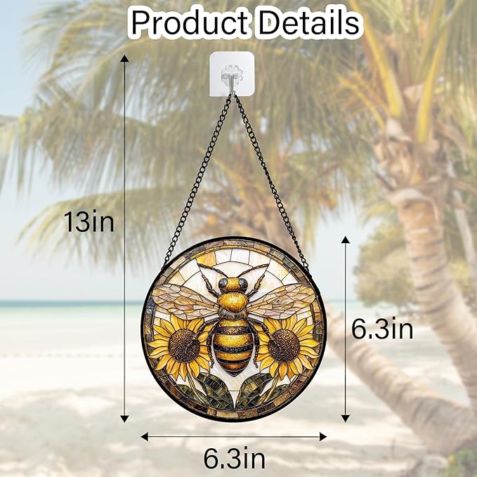 DASTOLL Stained Glass Window Hanging - Bee Sunflower Yellow Suncatcher Ready to Hang Window Doors Home Decoration and Christmas, Mother's Day Birthday Gifts for Women, Men, and Mom 9.8x9.8 in