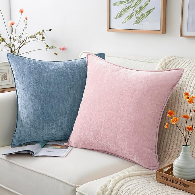 decorUhome Spring Couch Throw Pillow Covers 18x18 Set of 2, Decorative Soft Velvet Neutral Chenille Pillow Covers with Elegant Design for Sofa Bed Living Room Home Decor, Blue Grey