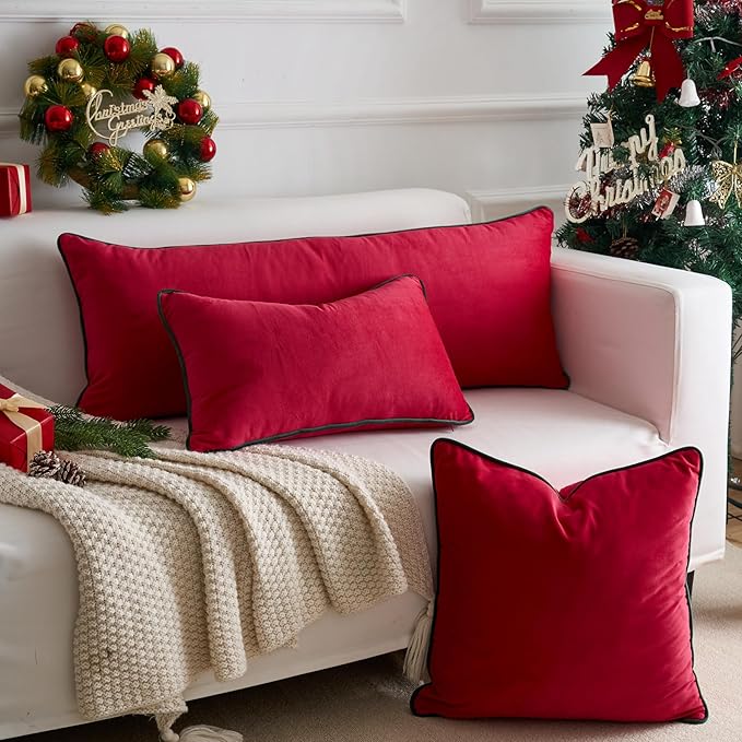 LIGICKY Christmas Long Lumbar Pillow Cover 14x36 inch Red Velvet Dark Green Rope Edging Throw Pillow Covers Decorative Rectangular Body Pillow Case Cushion Cover for Bed Couch(Cover Only)
