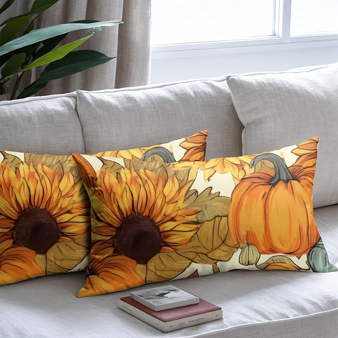 Pumpkin Fall Lumbar Pillow Covers 12x20 Set of 2 Burnt Orange Autumn Thanksgiving Pillow Cases Sunflower Outdoor Decorative Holiday Cushion Cover Rustic Decoration Farmhouse Home Sofa Couch Bed Decor