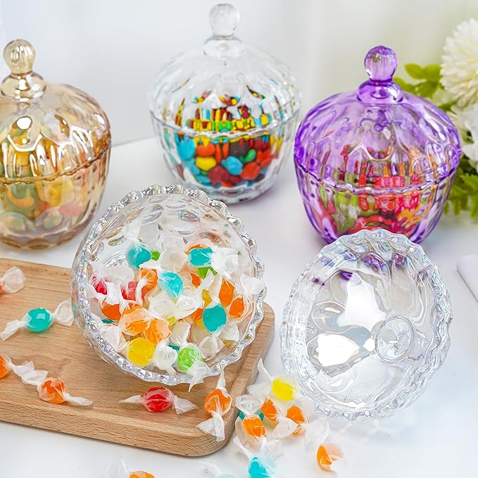kanpura 11.5 oz Glass Candy Dish with Lid Colorful Candy Jar for Office Desk Decorative Glass Jar for Buffet, Snacks, Coffee Beans 5.5″Tall
