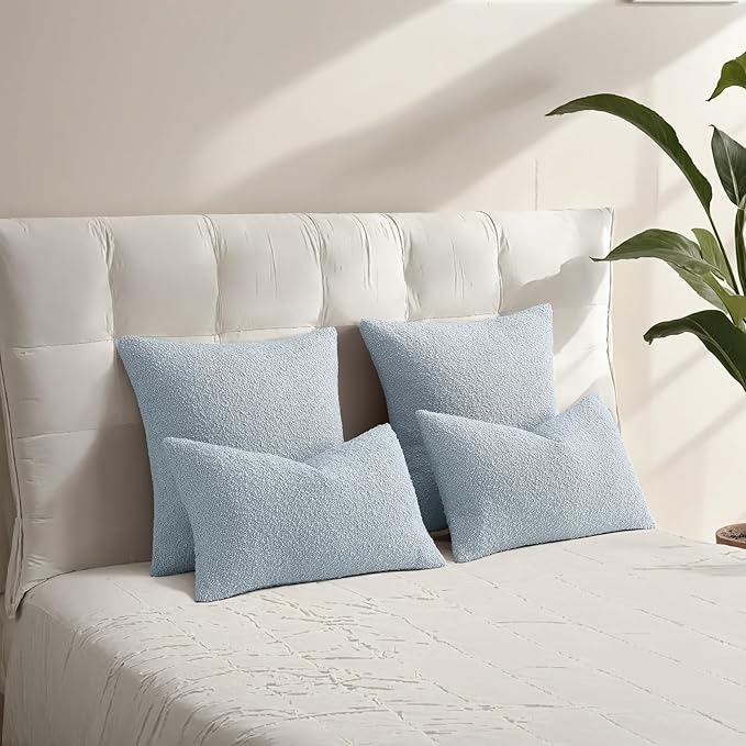 HAUSSY Set of 2 18x18 Decorative Throw Pillow Covers, Soft Cozy Textured Boucle Couch Cases, Home Decor for Couch Bed Living Room, Dusty Blue
