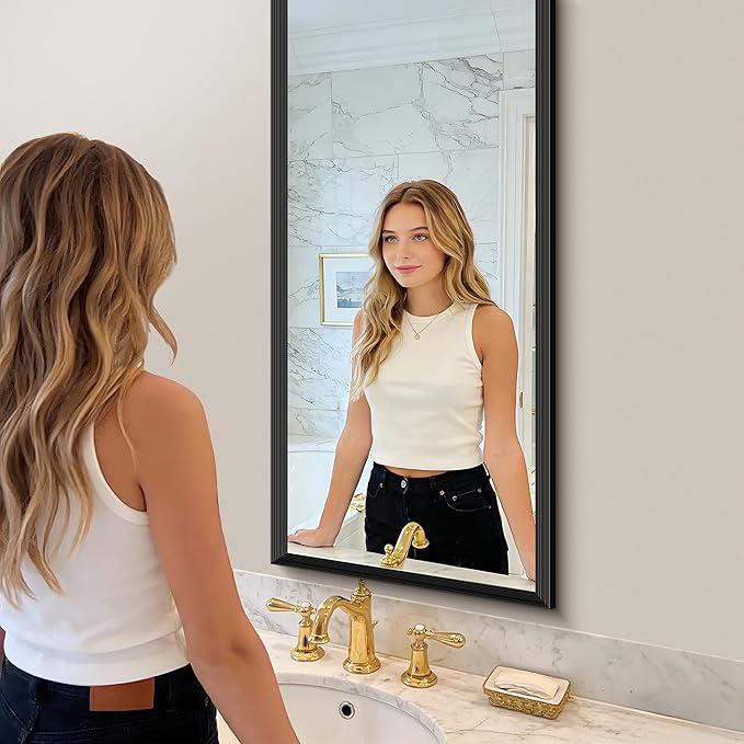 Black Bathroom Mirror 20 x 48 Inch Rectangle Wave Beveled Frame for Wall Bathroom Vanity Mirror for Over Sink, Tempered Glass,for Entryway Hangs, Bathroom Living Room Horizontal or Vertical