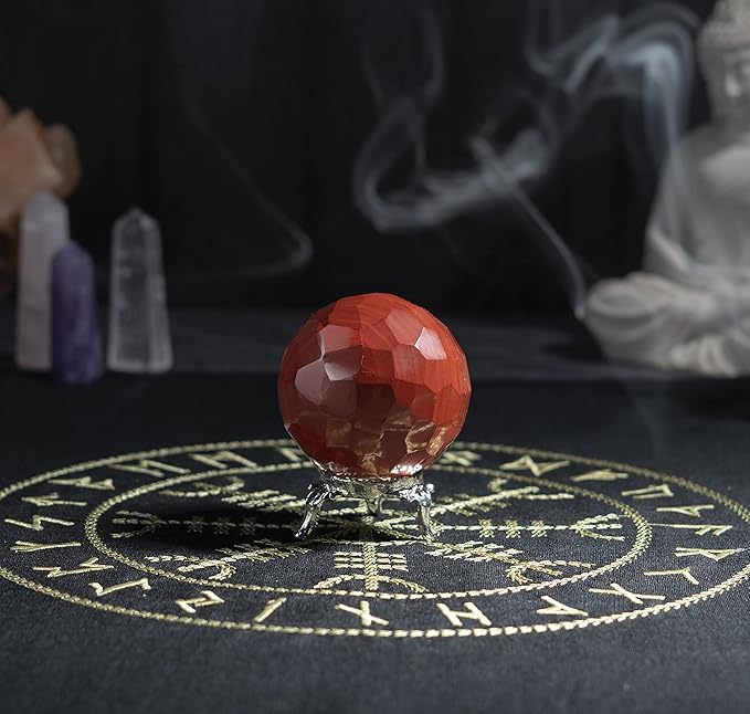 Crocon 50mm Red Jasper Diamond Cut Stone Sphere Ball with Metal Stand 1400+ Carats Gemstone Ball Healing Ornament Rock Sphere Sculpture Figurine for Fengshui Divination Crystal Home Decor Photography