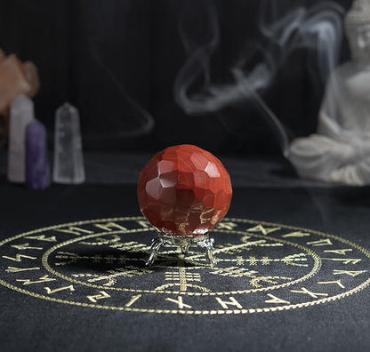 Crocon 50mm Red Jasper Diamond Cut Stone Sphere Ball with Metal Stand 1400+ Carats Gemstone Ball Healing Ornament Rock Sphere Sculpture Figurine for Fengshui Divination Crystal Home Decor Photography