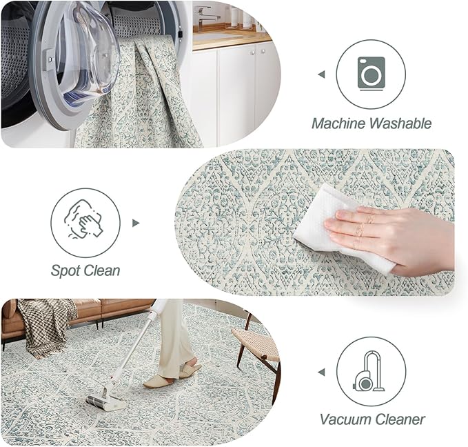 10x14 Area Rugs for Living Room Large Washable Rugs for Bedroom Floral Vintage Non-Slip Thin Area Rug Indoor Home Office Decor Light Blue