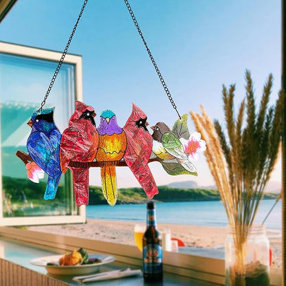 DASTOLL Stained Glass Window Hanging - Large Stained Glass Birds on Branch, Birds Sun Catchers Indoor Window with Chain and Hook Gifts for Bird Lover, Mom, Grandma, Stocking Stuffers for Women