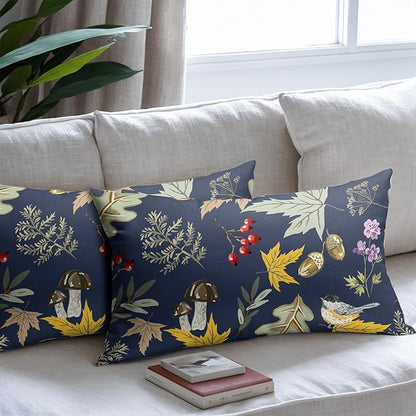 Bird Fall Lumbar Pillow Covers 12x20 Set of 2 Navy Autumn Leaf Animal Print Pillow Cases Mushroom Acorns Outdoor Decorative Holiday Cushion Cover Rustic Decoration Farmhouse Home Sofa Couch Bed Decor