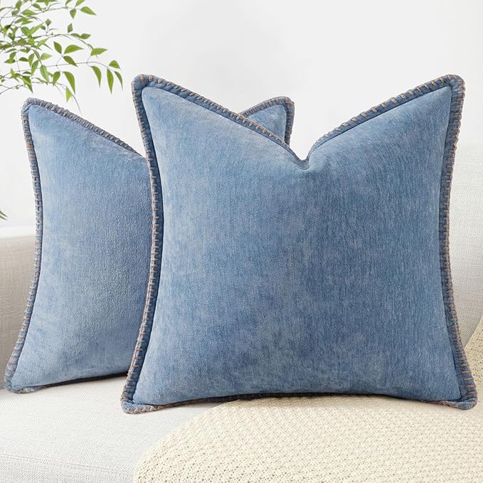decorUhome Spring Chenille Soft Throw Pillow Covers 18x18 Set of 2, Farmhouse Velvet Neutral Decorative Pillow Covers with Stitched Edge for Couch Sofa Bed Home Decor, Blue