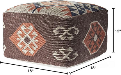 L. R. Resources, Inc. LR Home Handmade Bohemian Brown/Orange Cotton Square Pouf Ottoman for Home Decor | Indoor Foot Rest for Bedroom & Living Room Decor | 18 x 18 x 12 Stuffed Ottoman for Seating