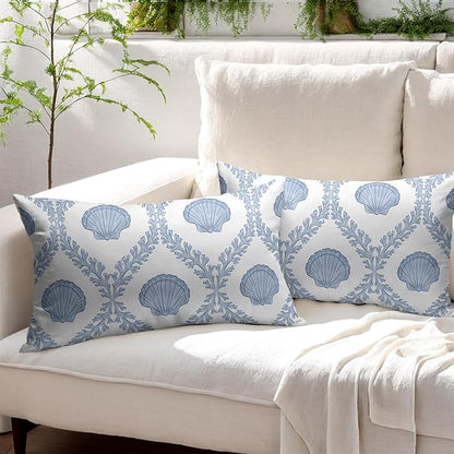 Light Blue Coastal Lumbar Pillow Covers 12x20 Set of 2 Ocean Coral Shell Outdoor Decorative Linen Summer Throw Pillows Cases with Zipper Cushion Cover Rustic Decoration Farmhouse Sofa Couch Bed Decor