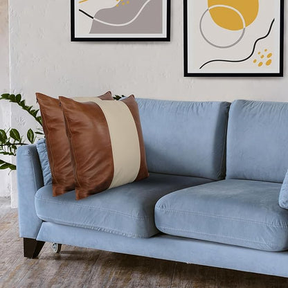 LL LEATHER LOVERS Lambskin Leather Pillow Cover - Sofa Cushion Case - Decorative Throw Covers for Living Room & Bedroom, 22x22 Inches - Tan & Off-White Pack of 1